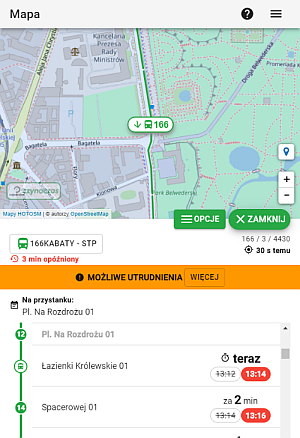 Fragment ekranu aplikacji z mapą i tabelką z kolejnymi przystankami i czasem